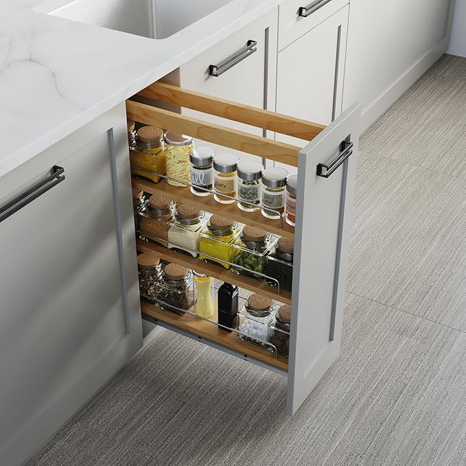Dowell 5" Base Pull-out Spice Organizer with Adjustable Shelves for Base Kitchen Cabinet, Bottom Mounted Soft Close Slides - 4004 0524 | Soft-Close Wooden Slide Out Spice