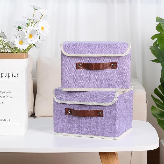 ANMINY 2PCS Storage Bins with Lid PU Leather Handles Storage Boxes PP Plastic Board Decorative Foldable Lidded Cotton Linen Fabric Home Cubes Baskets Closet Organizer Containers - Purple, Small Size-NeatNest