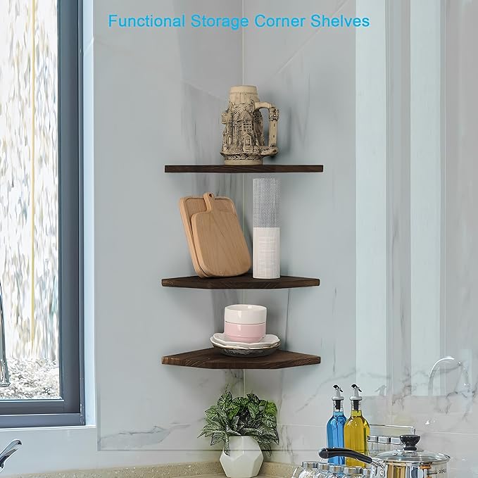 Corner Wall Shelves, Wood Corner Floating Shelves with Cable Raceway, Wall Mount Storage Display for TV Accessories, Monitor, Speaker (Carbonized Dark Brown, Diamond- 10 Inch)-NeatNest