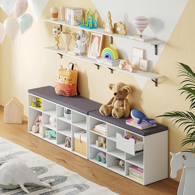 DINZI LVJ Shoe Bench,Entryway Storage Bench with Drawer and 8 Cubbies,Cubby Rack Adjustable Shelves,Shoe Organizer Cabinet for Living Room,Bedroom,Mudroom,Closet Garage,White-NeatNest