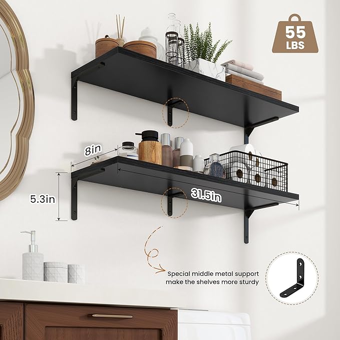 Fun Memories Deep Floating Shelves, 32W x 8D Floating Shelves Set of 2, Wall Mounted Shelf with Metal Brackets, Rustic Wood Wall Shelf for Bathroom, Kitchen and Living Room, Black-NeatNest
