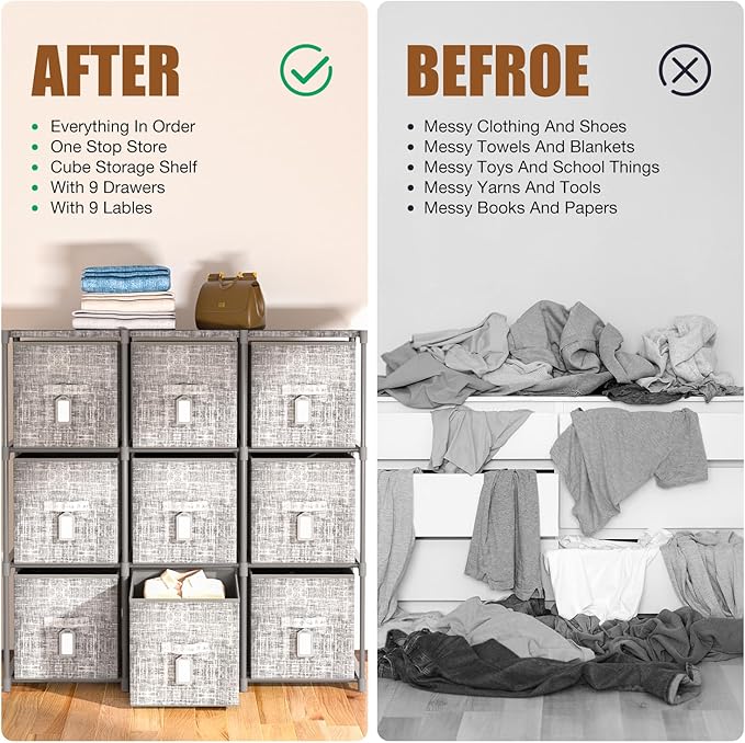 9 Cube Closet Organizer with Beautiful Printed Drawers + Labels, Storage Shelf, Toy Cubby Organizer-NeatNest