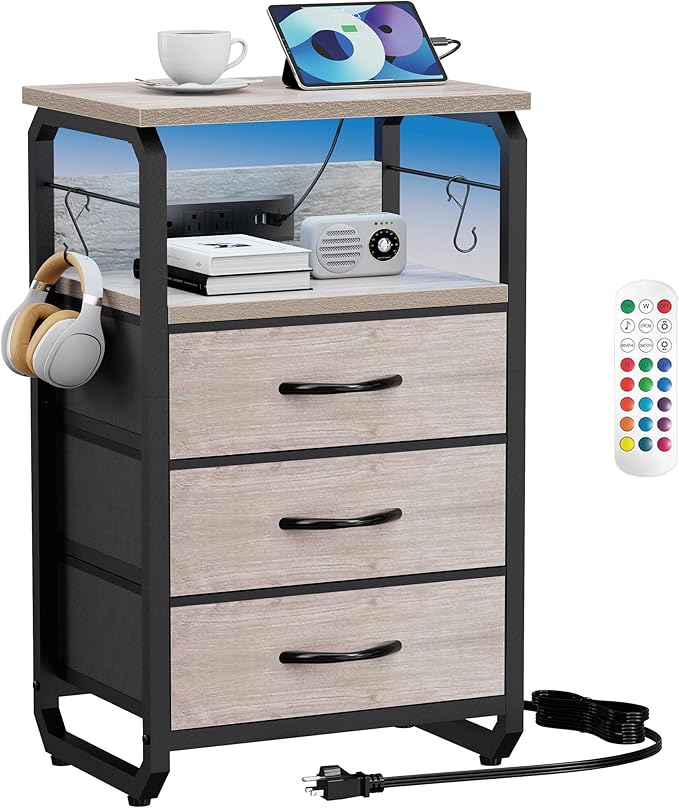 Bed Side Table with 3 Fabric Drawers, Night Stand with Charging Station, LED Nightstand with Hooks, Bedside Table End Tables with Storage, Night Tables for Living Room, Bedroom (Beige)-NeatNest