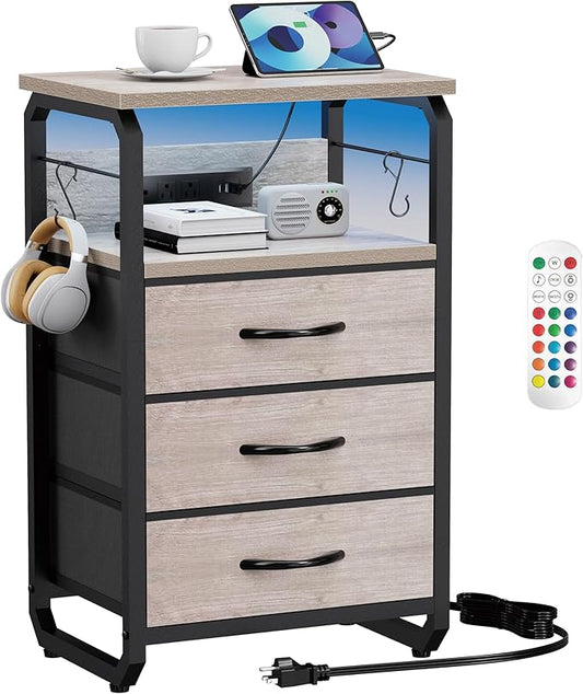 Bed Side Table with 3 Fabric Drawers, Night Stand with Charging Station, LED Nightstand with Hooks, Bedside Table End Tables with Storage, Night Tables for Living Room, Bedroom (Beige)-NeatNest