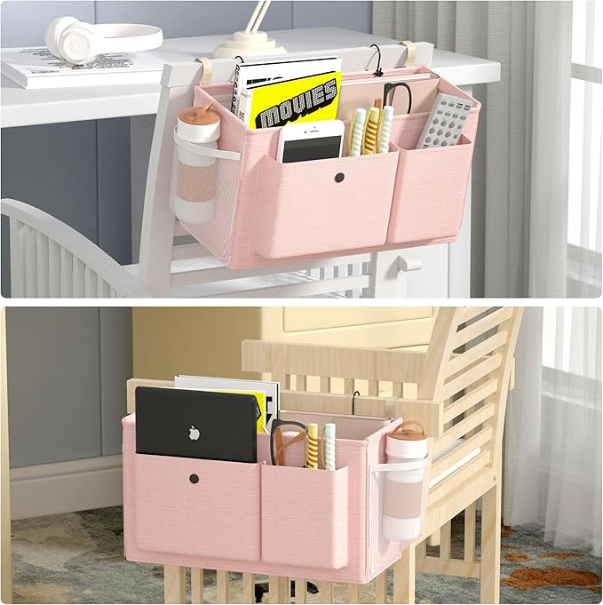 Bedside Caddy Bedside Organizer with Fixed Straps & Water Bottle Holder, Bunk Bed Caddy ideal for Home, Dorm, Hospital, Crib, Versatile Bedside Storage Solution (Pink)-NeatNest