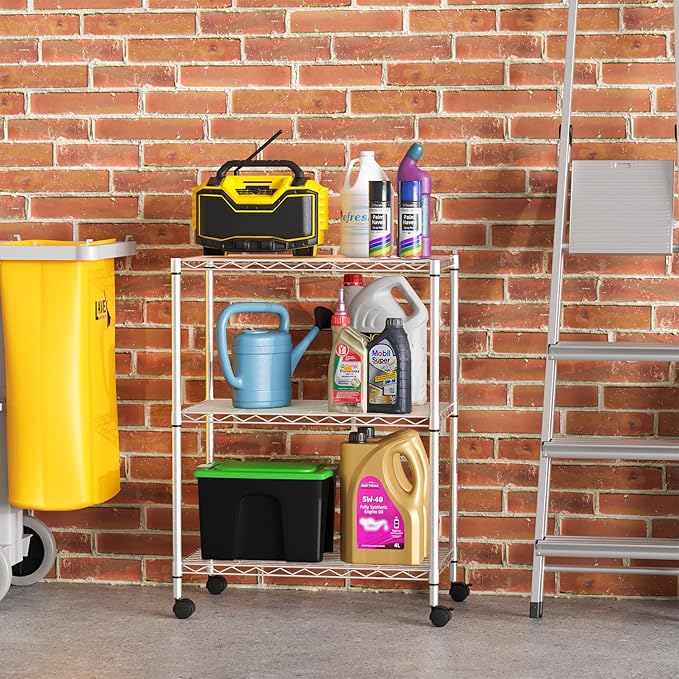 FDW 3-Shelf Adjustable,Storage Shelves Wire Shelving Shelving Unit Metal Shelves Storage Shelf with Wheels,13" D x 23" W x 31" H,Chrome
