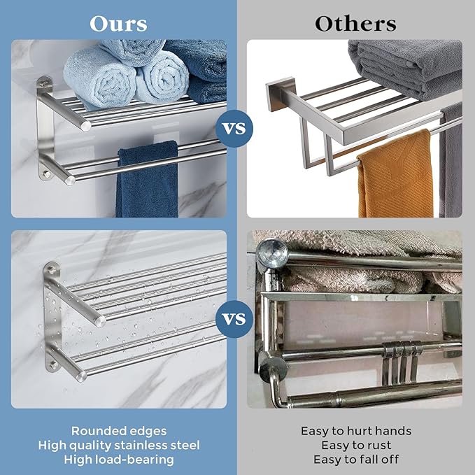 Bathroom Towel Rack with 24-Inch Multilayer Hotel Racks 304 Stainless Steel Towel Bar Shelf Wall-Mounted Brushed Finish Bar with Towel Shelves,2-Tier Bar Mounted