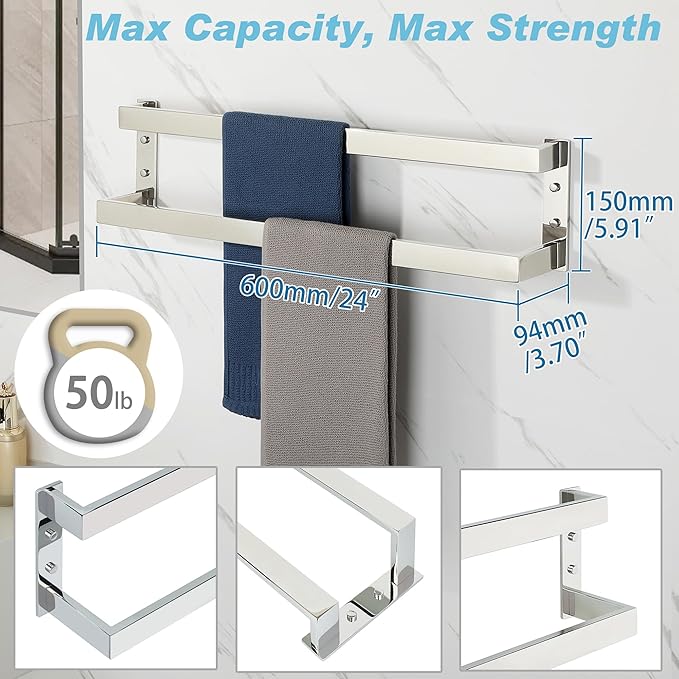 Alise Double Towel Bar 24", SUS304 Stainless Steel Towel Racks for Bathroom Wall Mounted, Heavy Duty Bathroom Towel Holder, Space Saving Towel Hanger, Polished Chrome