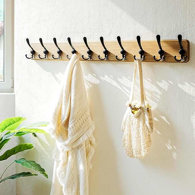 DSEAP Coat Rack Wall Mount - 38-1/4" Long, Heavy-Duty, 10-Hooks, Barnwood-Style Wooden Wall Coat Hanger Hook Rail for Winter Clothing, Weathered Brown & Black