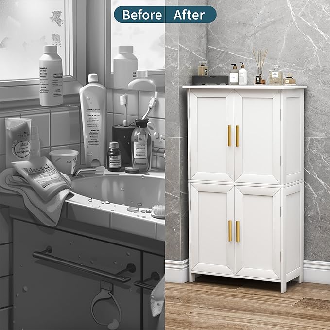 Bathroom Storage Floor Cabinet Freestanding Organizer with Adjustable Shelves for Bathroom Bedroom Laundry Room,4 Doors-NeatNest