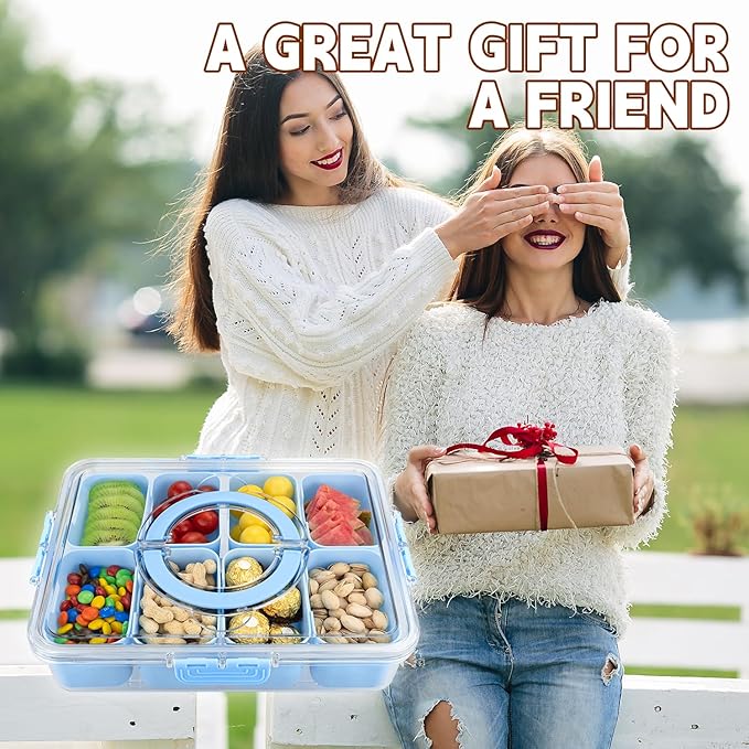 Divided Serving Tray with Lid and Handle,8 Compartments Snacks Box,Snack Fruit Veggie Tray,Portable Platter for Candy Fruits Nuts Snack Party Entertaining Picnic (2PCS Blue)-NeatNest