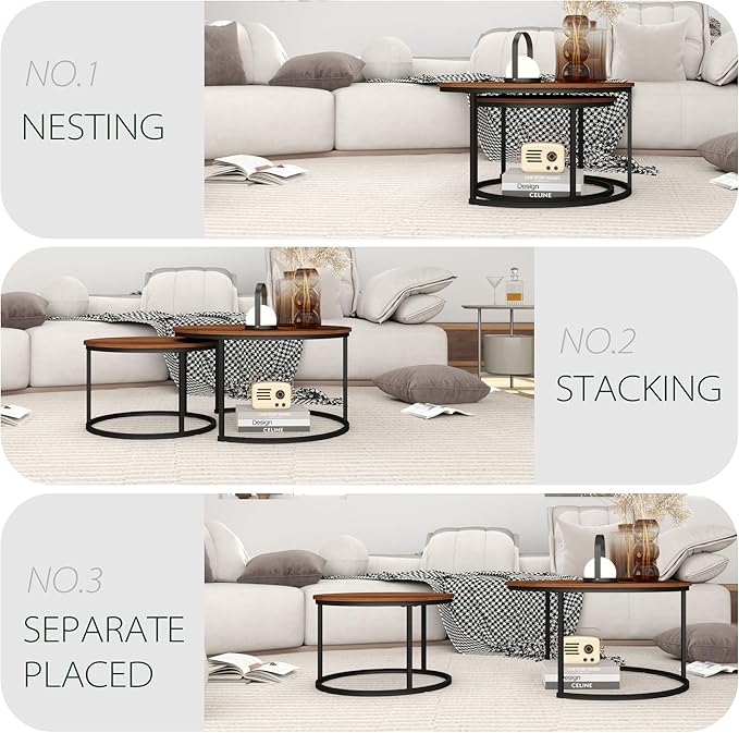 31.5" Nesting Coffee Table Set of 2, Round Nesting Coffee Table with Wood Grain Top, End Tables with Metal Frame for Living Room, Bedroom, Brown