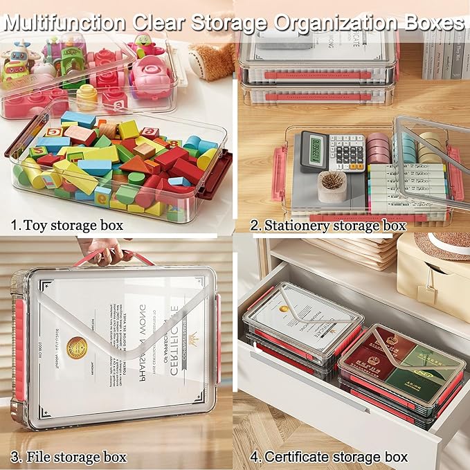 Lemical Clear File Box with Lids Portable Project Case for Storage A4 File Folder Box Stackable Storage Containers for Organizing 8.5 X 11 Paper, Magazines, Stamps, Photos, Cards (Red)
