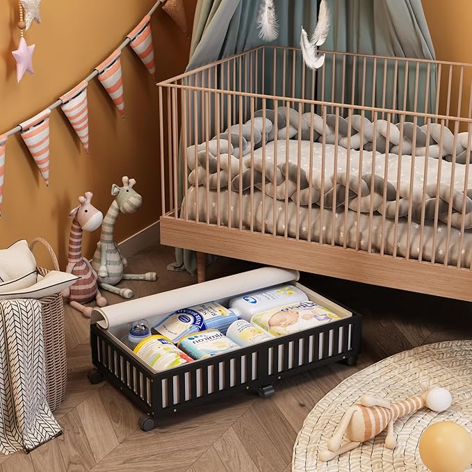 Bamboo Under Bed Storage Containers with Wheels, 2 Pack Large Under the Bed Shoe Storage Bins, Wood Rolling Underbed Drawers Organizer for Bedroom Closet Clothes Blanket Under Crib Toy Black-NeatNest