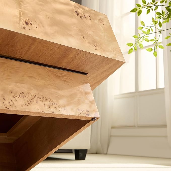 43.31'' Rectangle Fluted Drum Coffee Table for Living Room, Handcrafted Pedestal Accent Coffee Table for Home Office - 43.31'' W x 25.59''D Burl Wood Veneer