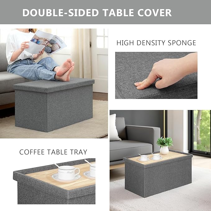 30 Inch Folding Storage Ottoman with Reversible Lid Coffee Table, Linen Fabric Multi-Functional Foot Rest & Seat for Living Room, Bedroom Grey