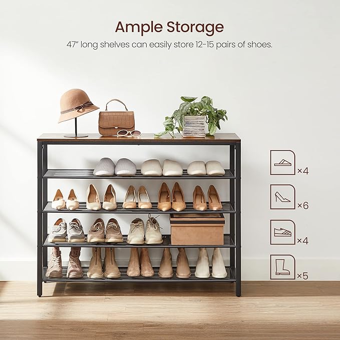 VASAGLE 5 Tier Shoe Rack for Closet, Entryway, 20-25 Pairs of Shoes, Large Shoe Organizer with 4 Metal Mesh Shelves, 11.8 x 47.2 x 36.4 Inches, Rustic Brown and Black ULBS205B01-NeatNest