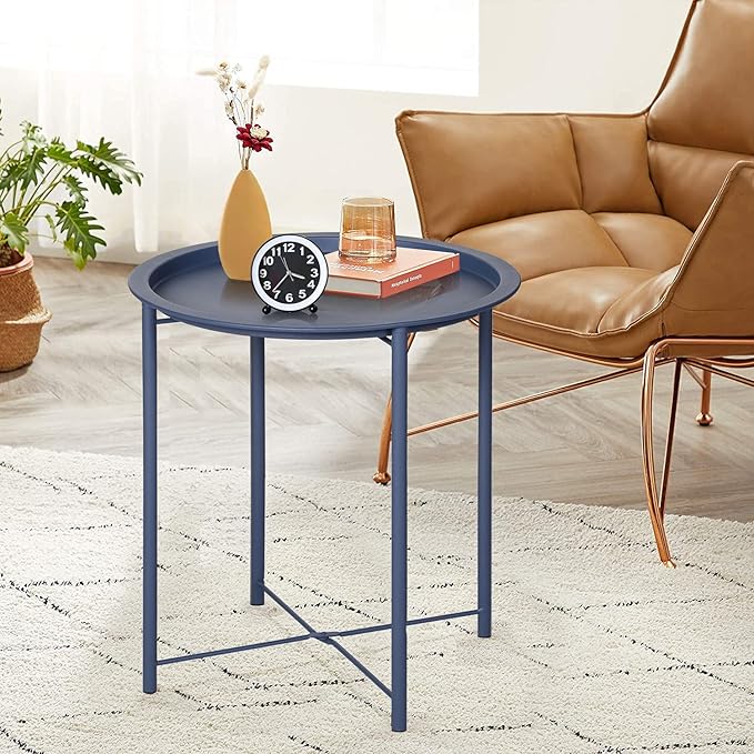 VECELO Side/End Table, Folding Round Metal Anti-Rust and Waterproof Outdoor or Indoor Tray for Living Room Bedroom Balcony and Office, 1 PCS, Blue