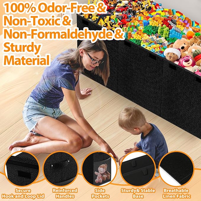 Extra Large Toy Storage Box with Lid Divider, Sturdy Collapsible Toys Organizer Chest Kids Storage Bins Boxes Baskets for Boys, Girls, Nursery, Bedroom, Living Room, Playroom, 40"x14"x16", Black