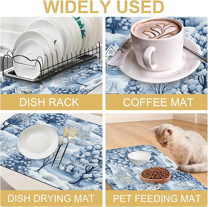 Hello Winter Dish Drying Mats Super Absorbent Dish Drainer Rack Pad Non-Slip Drying Mat for Kitchen Counter, 24"x16"