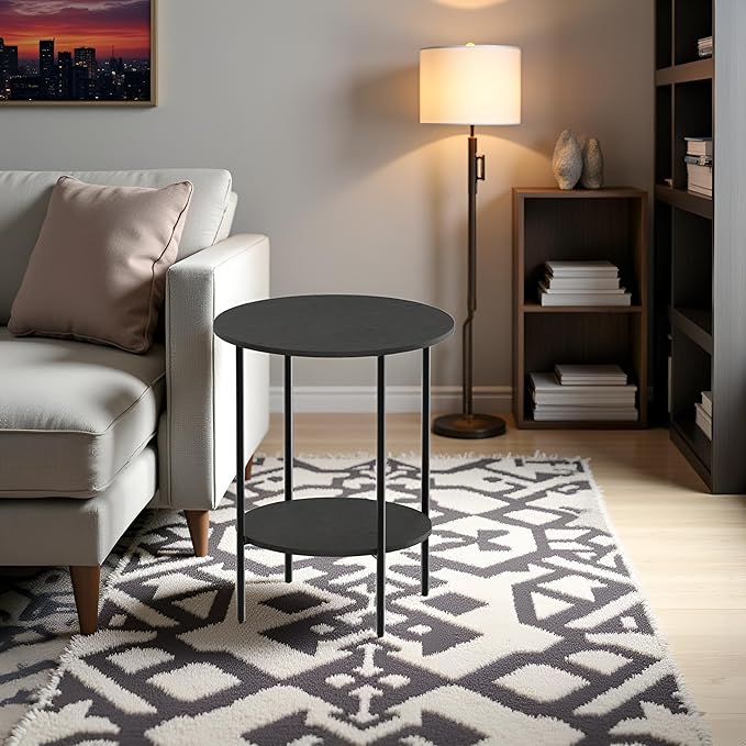 Side Table,Round End Table with 2 Storage Shelves| Compact Side Tables for Living Room, Couch, Office & Bedroom | Narrow Accent Table as Space-Saving Small Bedside Table 18x18x22in(Black)