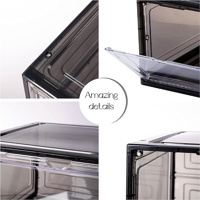 Attelite Large Clear Shoe Box Organizer,Plastic Stackable Shoe Storage Box with Magnetic Door, Large Clear Door Shoe Containers for Display Sneakers, Easy Assembly(Black)