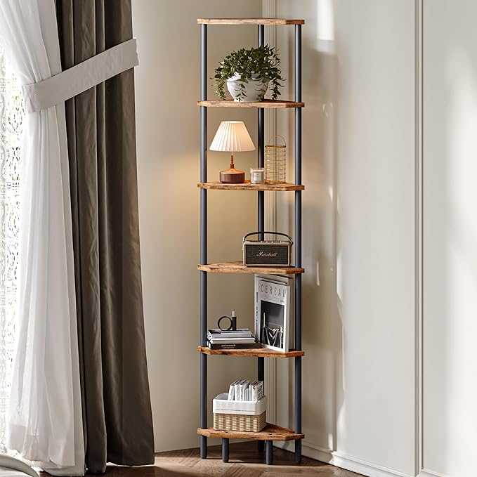 6 Tier Corner Shelf, 66.5'' Tall Standing Shelf, Narrow Display Shelf Stand, Modern Corner Bookshelf, Plant Stand, Corner Bookcase for Living Room, Bedroom, Bathroom, Rustic Brown LCS502R-NeatNest