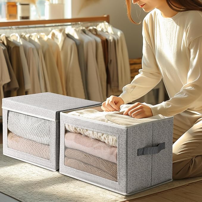 Storage Boxes with Lids - 4 Pack Fabric Clear Window Storage Bins, Large Decorative Storage Bins with Handles, Linen Closet Organizer for Clothes, Towel, Blanket, Light Grey-NeatNest