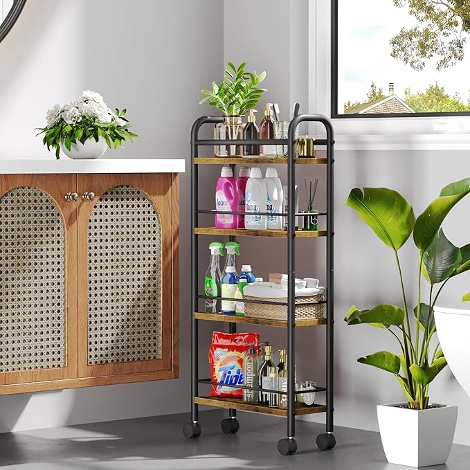 Slim Storage Cart, 4 Tier Rolling Utility Cart on Wheels, Slim Bathroom Storage for Small Spaces in Kitchen, Dining Room, Bathroom, Laundry Room Rustic Brown