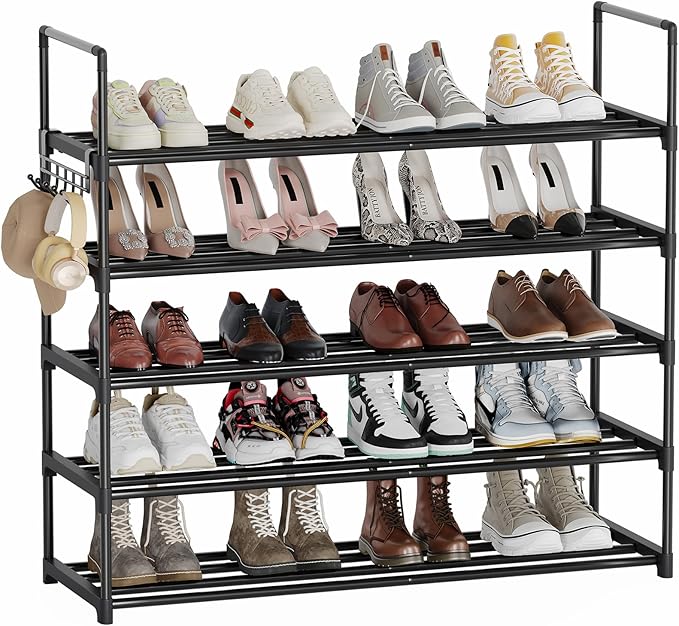 Metal Shoe Rack - 5-Tier Shoe Organizer with Adjustable Shelf Height, Sturdy Shoe Storage Shelf, Perfect for Front Door Entrance, Closet & Entryway, Easy to Assemble, DIY Layering Options (L - 5 Tier)-NeatNest
