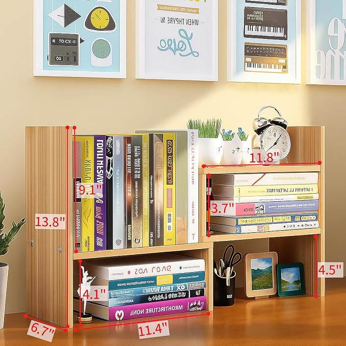 Desktop Shelf Organizer, Adjustable Wood Office Storage Rack, Counter Display Small Bookshelf for Home/Office/School(Light Walnut)-NeatNest