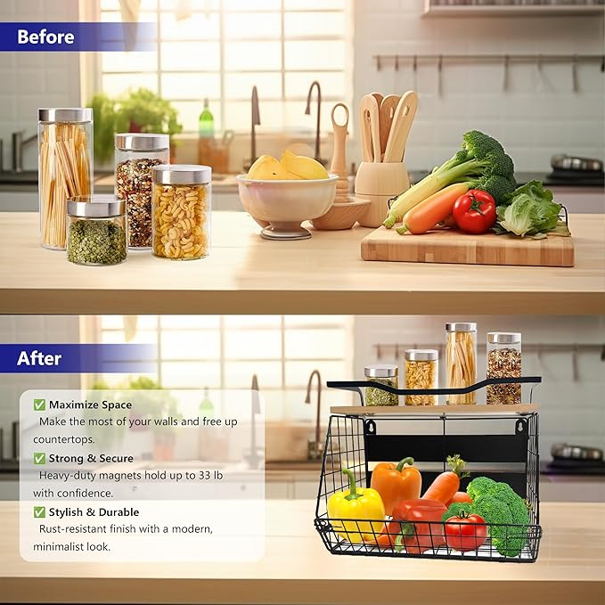 bealy Upgrade Strong Magnetic Shelf for Fridge with Wood Lid Top, XXL Large Capacity Magnetic Spice Rack for Fridge, Multifunction Kitchen Pantry Organizers and Storage, Fruit Potato Storage Basket-NeatNest