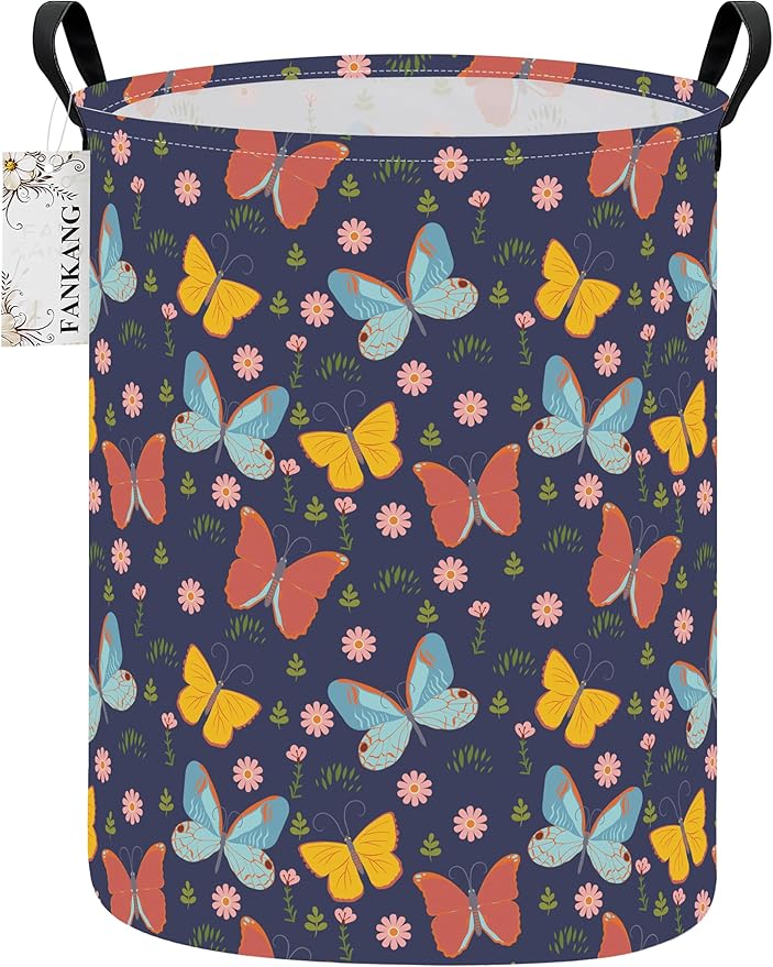 FANKANG Storage Basket, Nursery Hamper Canvas Laundry Basket Foldable with Waterproof PE Coating Large Storage Baskets for Kids Boys and Girls, Office, Bedroom, Clothes,Toys(Colorful Butterfly)