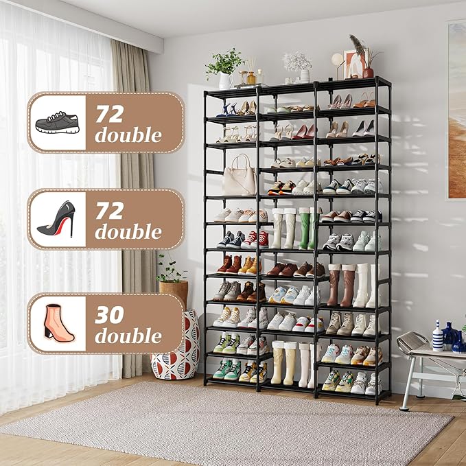 Shoe Rack Large Capacity 72 Pairs Tall Shoe Shelf, 3 Row 12 Tiers Sturdy Metal Shoe Organizer for Entryway, Closet, Bedroom, Black-NeatNest