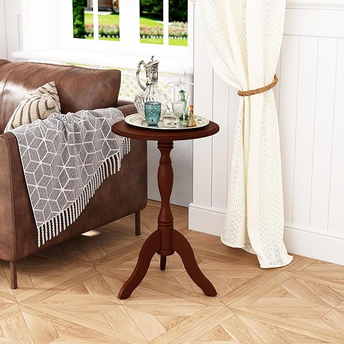HLR Round Small End Table Set of 2, Wooden Pedestal Side Coffee Table, 2pcs Vintage Accent Nightstand for Living Room, Bedroom, Entryway, Dark Brown