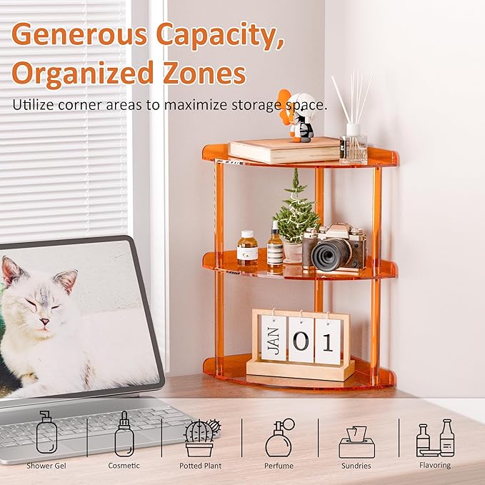 3 Tier Acrylic Corner Shelf Organizer Storage 9.5x9.5x15.7 Inch, Orange Countertop Corner Shelf for Bathroom, Kitchen, Bedroom, Office, Study Room-NeatNest
