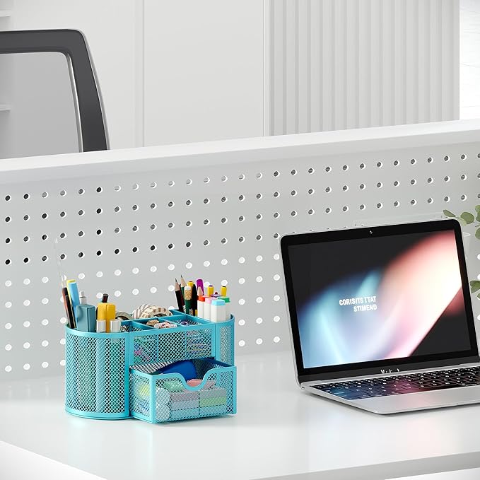 EasyPAG Mesh Desk Organizer, Multi-functional Stationery Organizer for School Supplies, Office Pen Holder for Desk, 9 Compartments Dorm Organization with Drawer, Blue