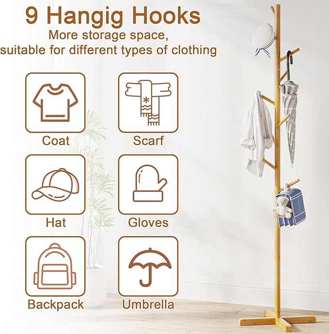Bamboo Tree Coat Rack Stand, Freestanding kids Coat Tree with 9 Hooks 3 Adjustable Height for Child Adult, Coat Stand Tree Fits Entryway Bedroom Office for Bags Hats (64 inch height)-NeatNest