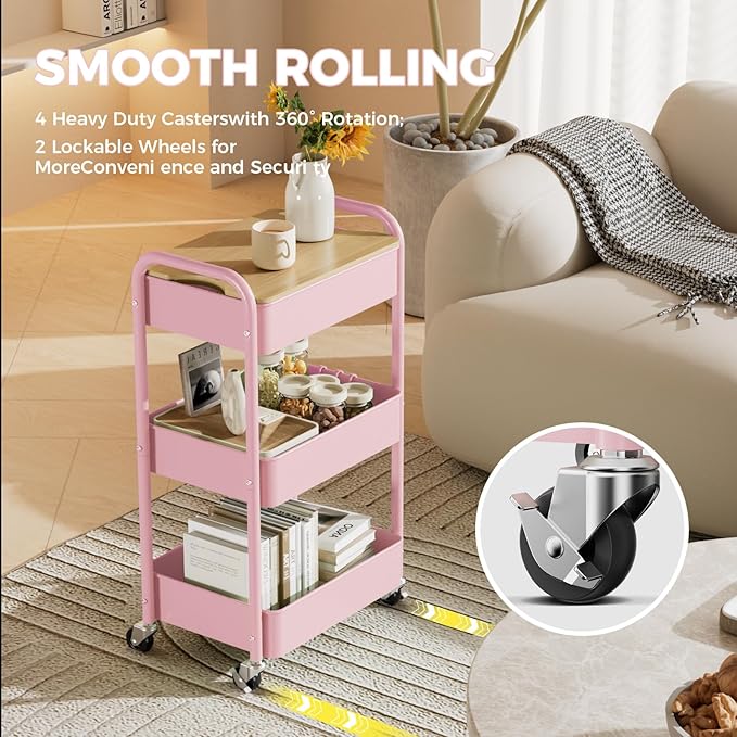 3 Tier Rolling Cart with Table top, Metal Rolling Utility Cart, Sturdy Storage Organizer Cart with Locking Wheels & Hooks for Office, Classroom, Kitchen and Bathroom,Pink-NeatNest