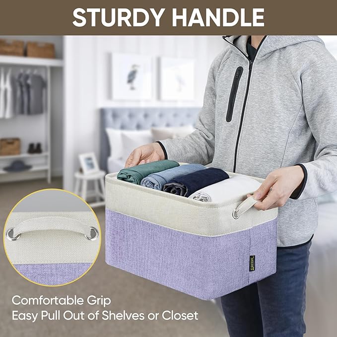 BALEINE 1 Pack Fabric Storage Bins for Shelves, Linen Storage Baskets for Organizing, Decorative Closet Bins for Clothes, Home (Lavender, 15''x11''x9.5'')-NeatNest