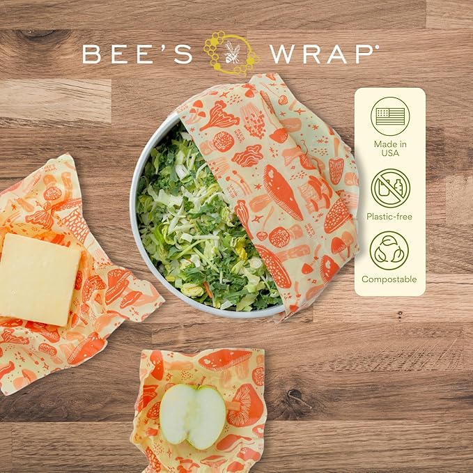Bee's Wrap Beeswax Wraps for Food - Mushroom Magic 3 Pack (S, M, L) Made in USA Reusable & Organic Food Wraps, Sandwich Wrap & Bowl Covers - Eco-Friendly Alternative to Aluminum Foil & Plastic Wrap-NeatNest