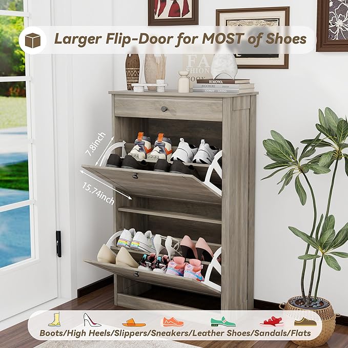Shoe Cabinet with 2 Flip Drawers, Narrow Freestanding Shoe Storage Organizer, Slim Wooden Hidden Shoe Rack for Front Door Entrance, Closet, Hallway, Living Room, Rustic Gray-NeatNest