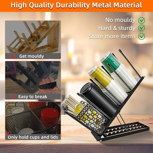 Coffee Cup and Lid Holder with Straw Holder/Coffee Clean Brush, Metal Adjustable Bar Organizer 4 Compartment Cup Dispenser Organizers for Station Home Countertop Bar Breakroom (Black)-NeatNest