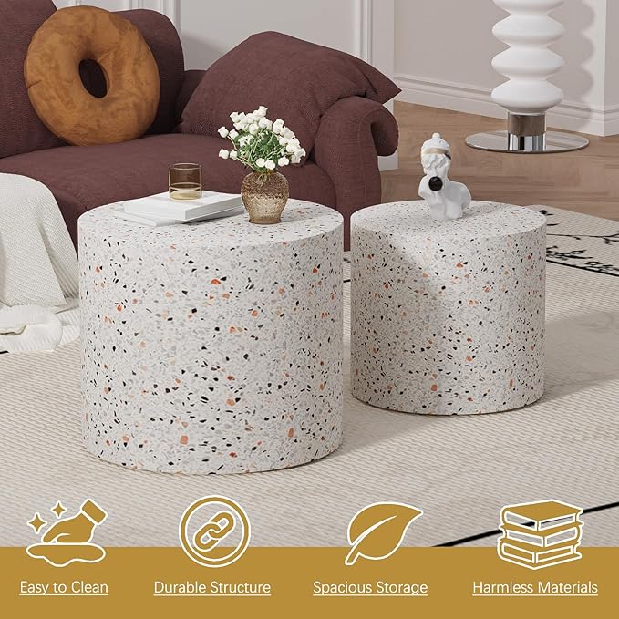 Round Coffee Table Set of 2 Modern Nesting Coffee Tables Wooden Drum Coffee Tables with Non-Slip Feet, Circle Nesting Tables End Table for Living Room Office, No Assembly (Terrazzo 18.11"+14.57")