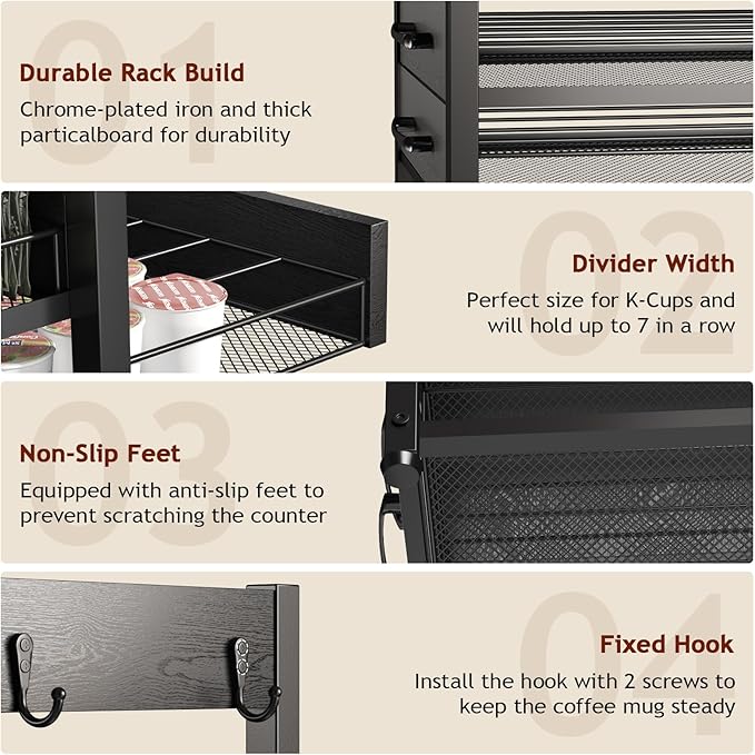 K Cup Holder Drawer - K Cup Storage Organizer, Coffee Pod Drawer with Hooks, Durable Iron-Wood Design, Space-Saving Coffee Station Organizer for Kitchen Counter-NeatNest