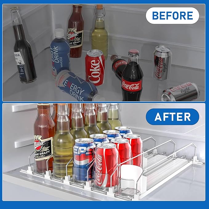 Drink Organizer for Fridge, Soda Can Organizer Dispenser for Refrigerator with Automatic Pusher Glide, Width Adjustable Clear Dividers Can Holder for 25 Cans, 15''D x16.6''W, 5 Rows
