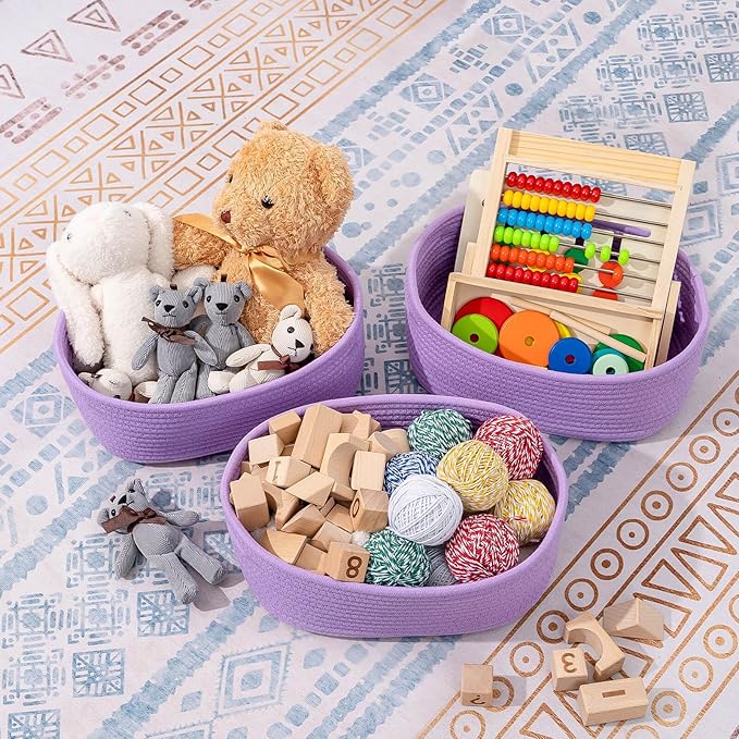 CubesLand Small Storage Baskets for Shelves, Closet Organization Storage Bins Empty Gift Basket 3 Packs Baby Nursery Woven Baskets for Organizing, Rectangular Clothes Closet Shelves Baskets Purple-NeatNest