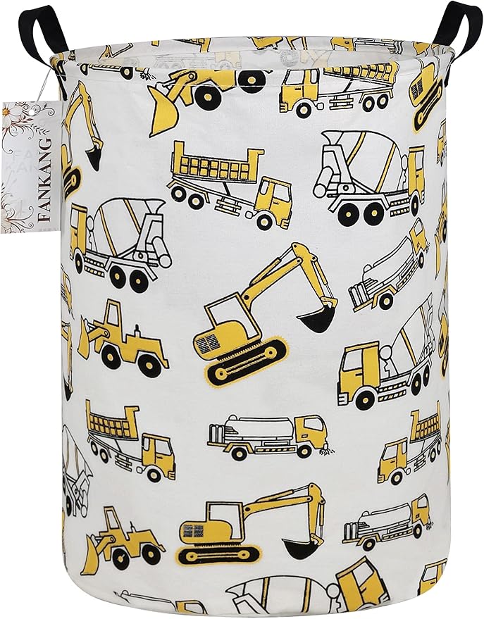 FANKANG Storage Basket, Nursery Hamper Canvas Laundry Basket Foldable with Waterproof PE Coating Large Storage Baskets for Kids Boys and Girls, Office, Bedroom, Clothes,Toys(excavator)