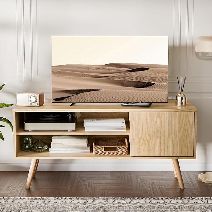 Cozy Castle TV Stand for 48 Inch TV, Mid Century Modern Entertainment Center with Storage Cabinet, TV Media Console with Charging Station for Living Room, Bedroom, Oak-NeatNest