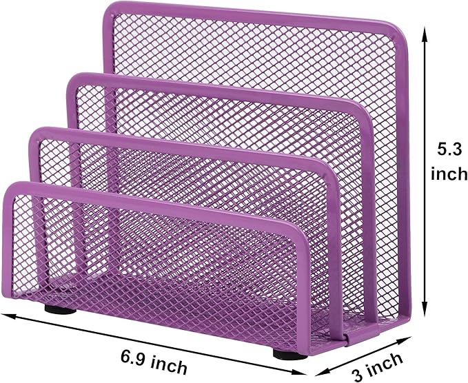 EASEPRES Desk Mail Organizer, Office Small Desktop Metal Mesh Envelope Letter Sorter Paper File Holder Organizer with 3 Vertical Upright Compartments, Purple 1 Pack